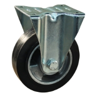 Afbeeldingen van Transportwiel (bok) met plaatbevestiging met stalen gaffel, wiel met aluminium velg, zwarte elastische rubberen band ± 68 shore A
