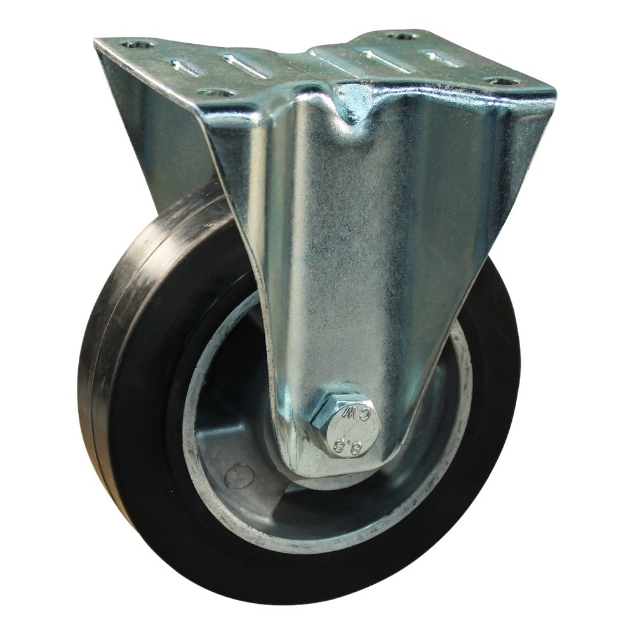 Afbeeldingen van Transportwiel (bok) met plaatbevestiging met stalen gaffel, wiel met aluminium velg, zwarte elastische rubberen band ± 68 shore A