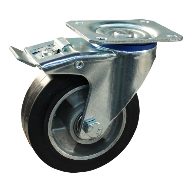 Afbeeldingen van Transportwiel (zwenk) met plaatbev, dubbele rem naloop en stalen gaffel, wiel met aluminium velg, zwarte elastische rubberen band ± 68 shore A