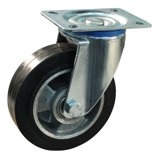 Afbeeldingen van Protempo Transportwiel (zwenk) met plaatbevestiging met stalen gaffel, wiel met aluminium velg, zwarte elastische rubberen band ± 68 shore A Serie 10-12
