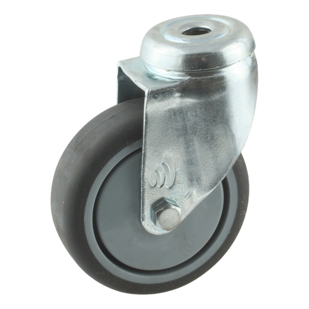 Afbeeldingen van Protempo Apparatenwiel (zwenk) met boutgat met stalen gaffel, wiel met grijze PP velg met TPE band Serie 68-60