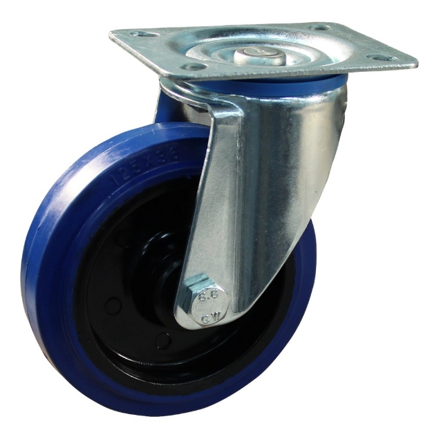 Afbeeldingen van Protempo Transportwiel (zwenk) met plaatbevestiging met stalen gaffel, met zwarte PA velg, blauwe elastische rubberen band ± 70 shore A Serie 13-12