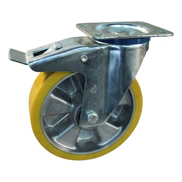 Afbeeldingen van Protempo Transportwiel (zwenk) met plaatbevestiging, dubbele rem naloop met stalen gaffel, wiel met aluminium velg, PU band ±94 shore A Serie 29-12