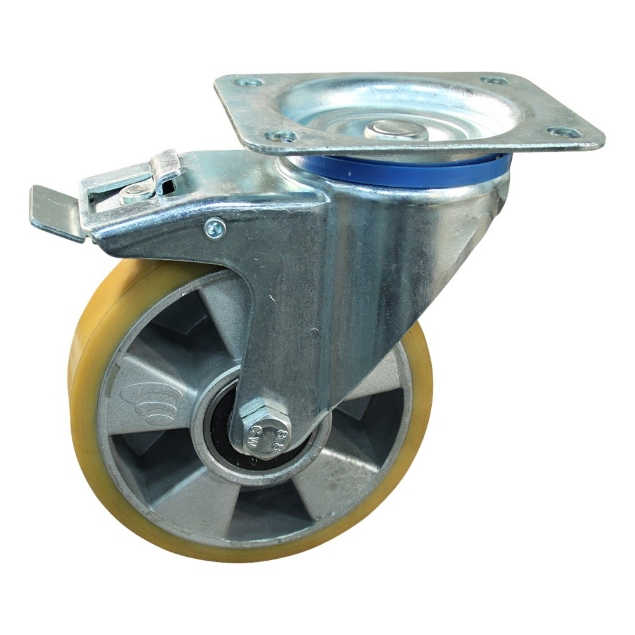 Afbeeldingen van Protempo Transportwiel (zwenk) met plaatbevestiging, dubbele rem naloop met stalen gaffel, wiel met aluminium velg, PU band ±94 shore A Serie 29-12