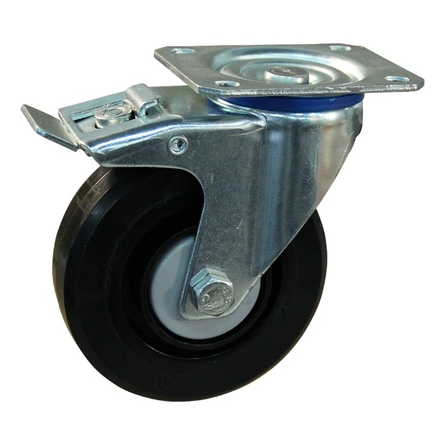 Afbeeldingen van Protempo Transportwiel (zwenk) met plaatbevestiging, dubbele rem naloop met stalen gaffel, wiel met zwarte PA velg, zwarte elastische rubberen band ±70 shore A Serie 07-12