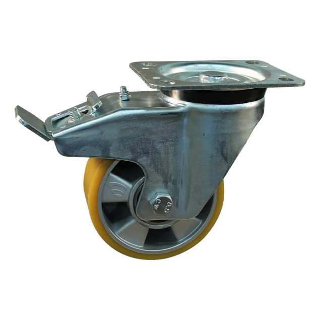 Afbeeldingen van Protempo Transportwiel (zwenk) met plaatbevestiging, dubbele rem naloop met stalen gaffel, wiel met aluminium velg, PU band ±94 shore A Serie 29-91