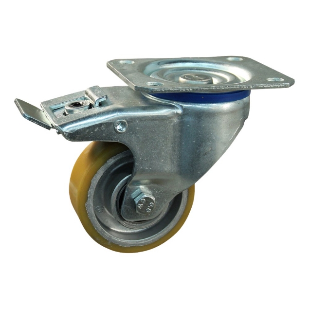 Afbeeldingen van Protempo Transportwiel (zwenk) met plaatbevestiging, dubbele rem naloop met stalen gaffel, wiel met aluminium velg, PU band ±94 shore A Serie 29-12